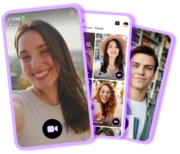 Three phones showing Omegle-chat random video chat interface